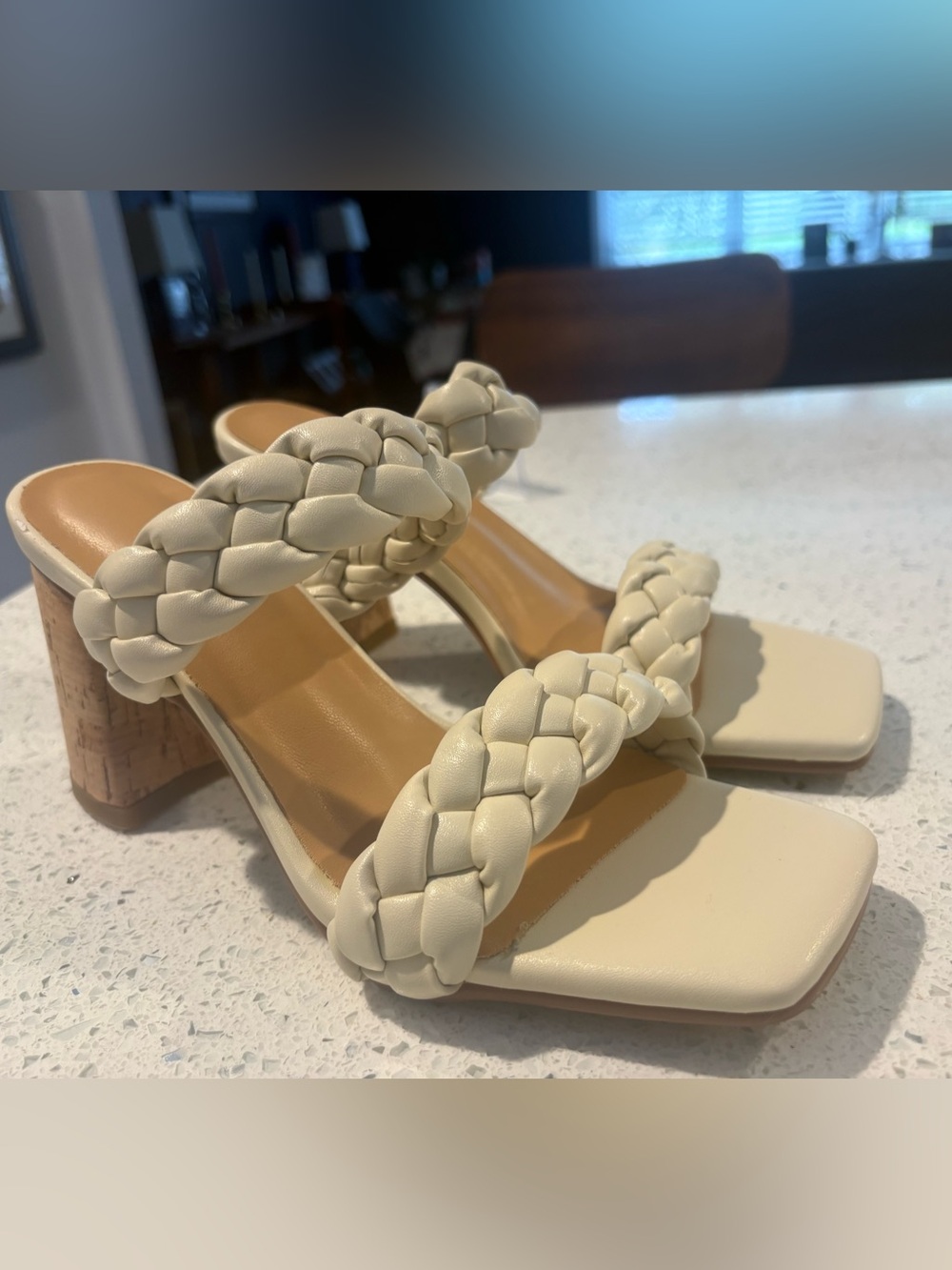 Braided Strap Cork Block Heel Sandals in Cream - Picture 2 of 9